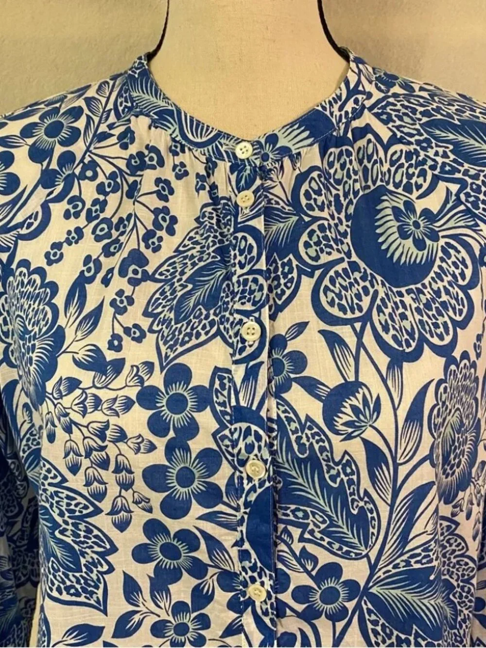 J. Crew Raglan Popover Shirt in blue & white floral paisley print cotton